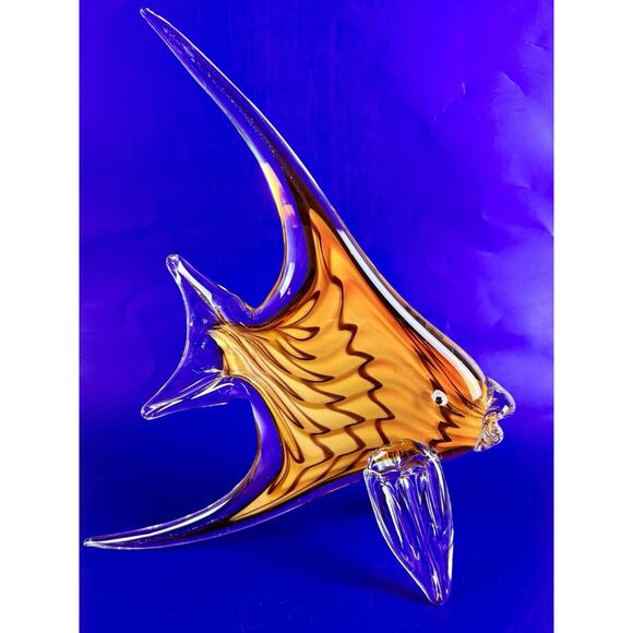 Murano Style Art Glass Sculpture Angel Fish 11” Tall Yellow Orange Tangerine - Picture 6 of 9